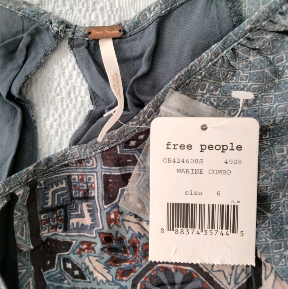 Free People NWT Marine Blue OKSANA Long Sleeve Mini Dress Size 6 Boho Peasant - Picture 10 of 15